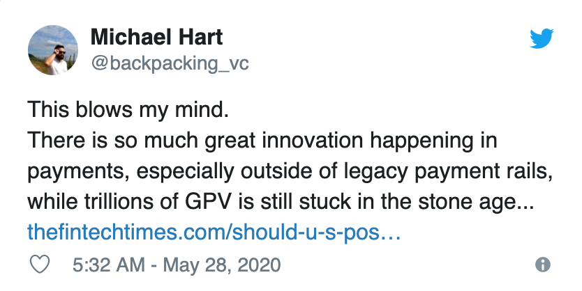 VC Michael Hart tweet about $12.5 in payment volume stuck in legacy rails like paper checks